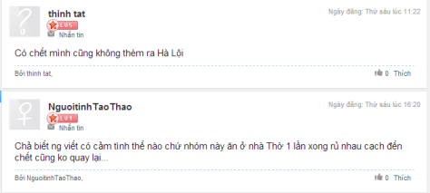 I'd rather die than go to Hanoi', and 'I'd rather die than come back to that food stall', Screenshot from http://vitalk.vn/threads/day-chinh-xac-la-su-that-ve-chao-chui-ha-noi.1505895/